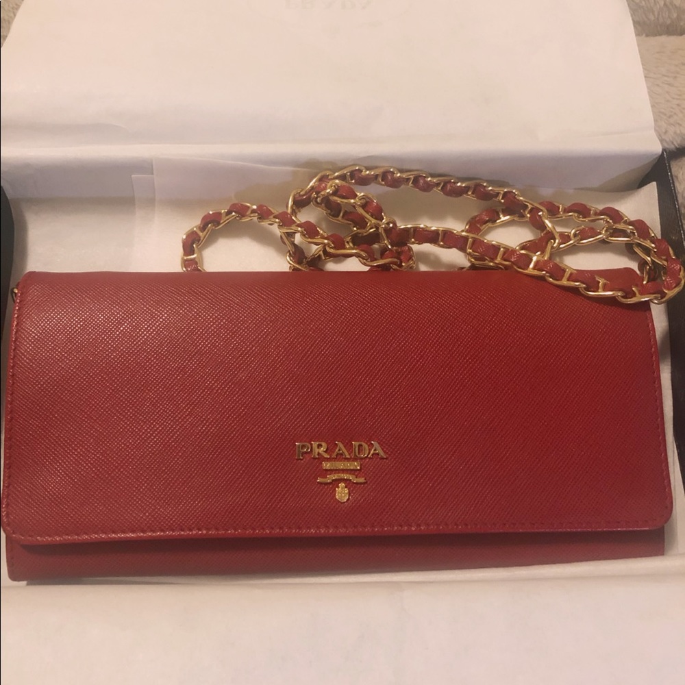 Prada wallet on a chain . Red .